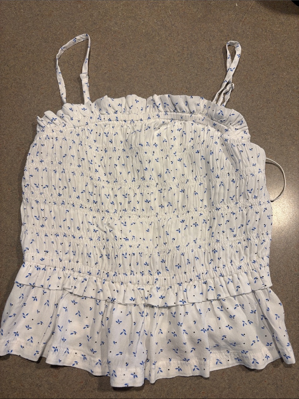 Smocked White Floral Tank Top with Ruffle Hem